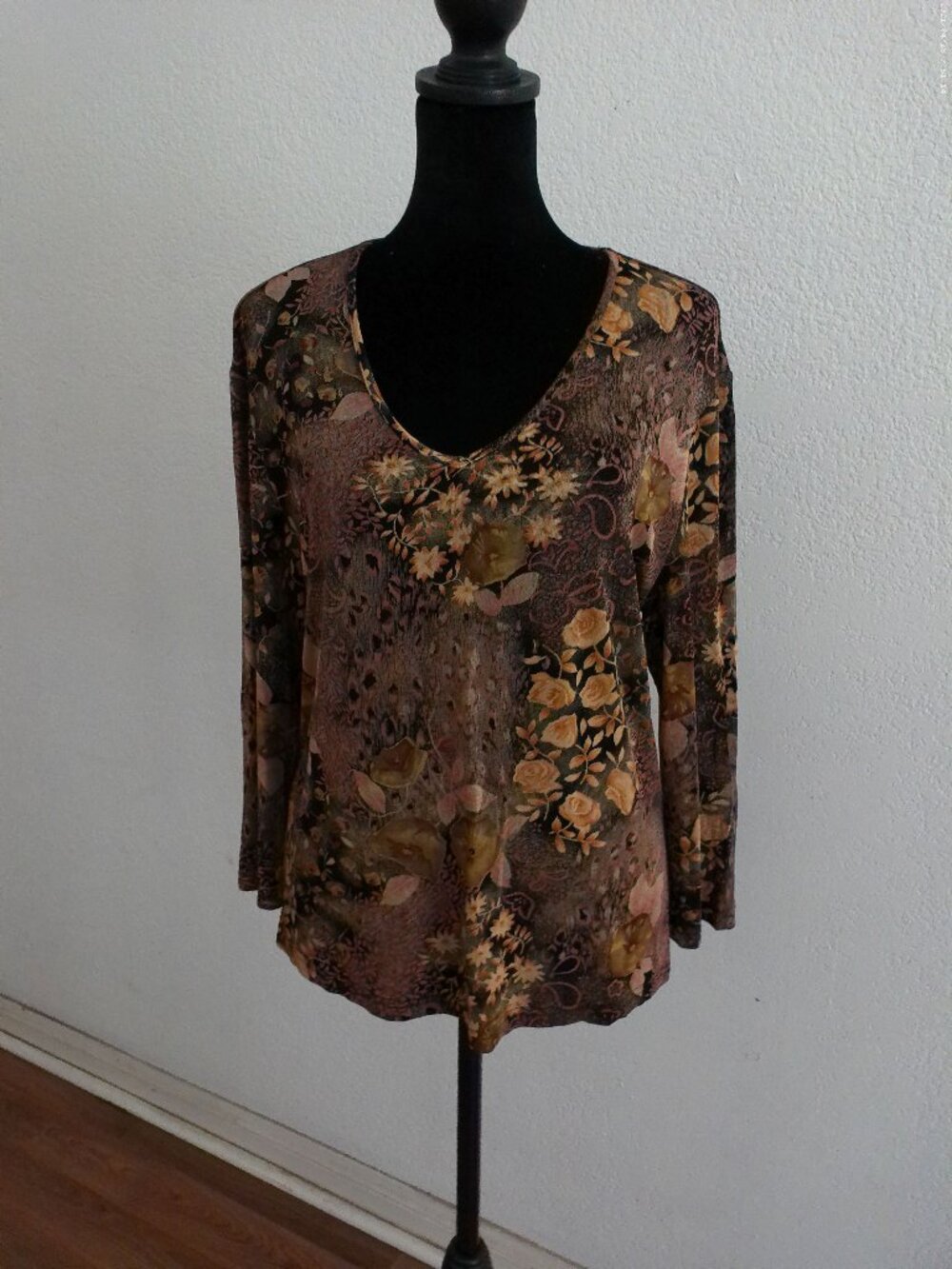 Carol Rose, brown/black floral V-neck blouse,